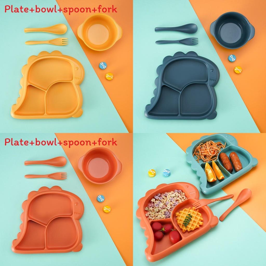 Cartoon Dinosaur Three Compartments Dinner Plate Spoon Fork Bowl Cutlery Set For Kids