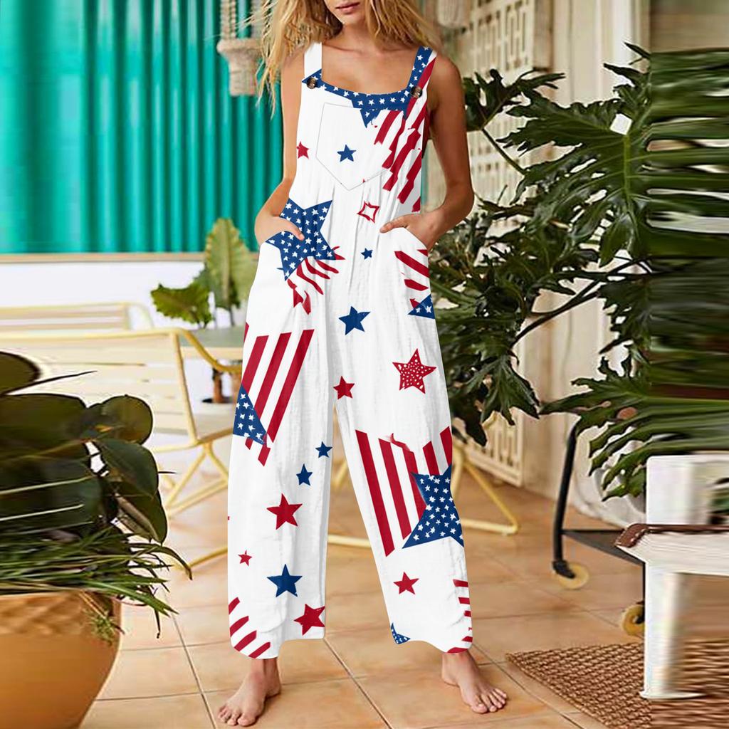 Women’s Sleeveless Button Down Jumpsuit with Star Stripe Print Loose Fit Overalls for Casual Summer Outfits