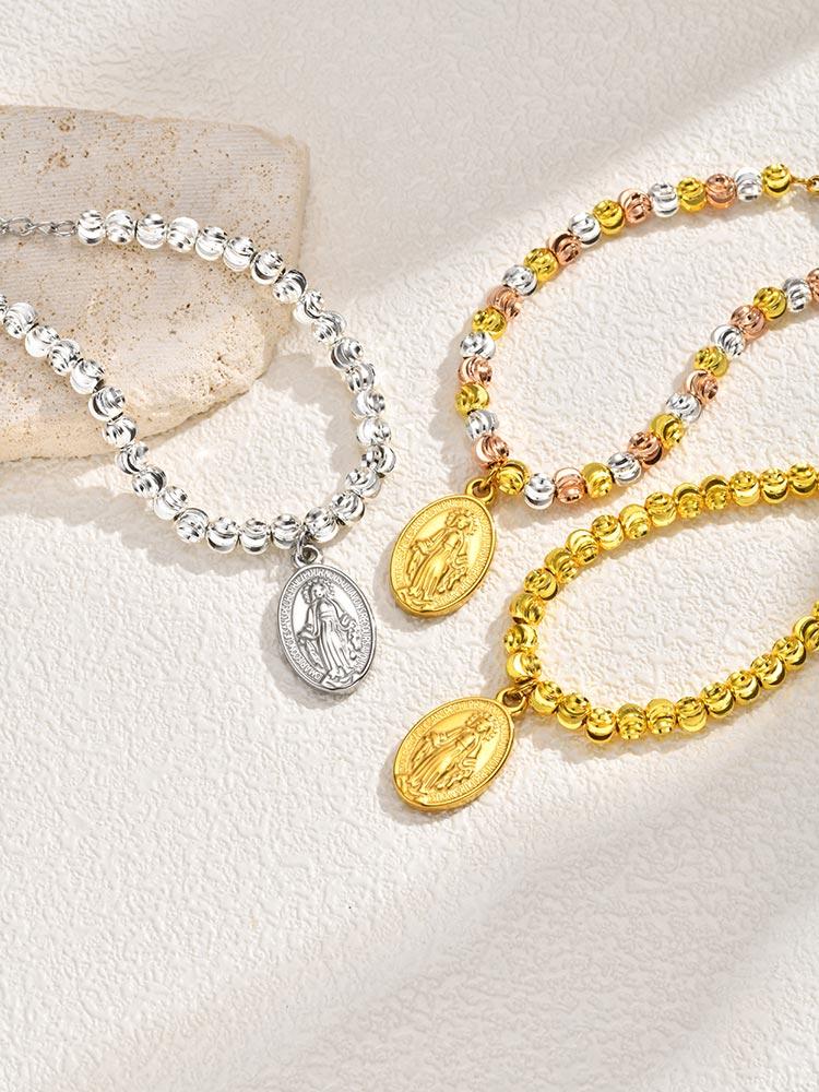 New Fashion Classic Gold Plated Virgin Mary Pendant Bracelets,Stainless Steel Watermelon Beads Rosary Bracelet for Women