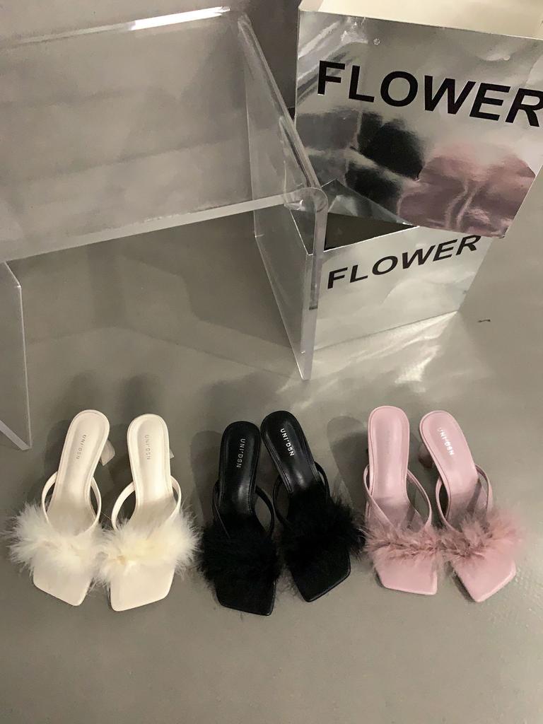 French High Heels Fluffy Slippers Women's Shoes Wear 2025 New Summer Fairy Style Black Sandals