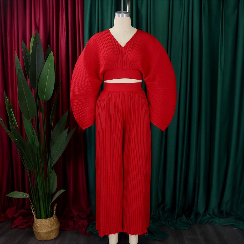 D3271 Women's Spring Fashion: Loose Pleated V-Neck Top & Wide-Leg Pants Two-Piece Set