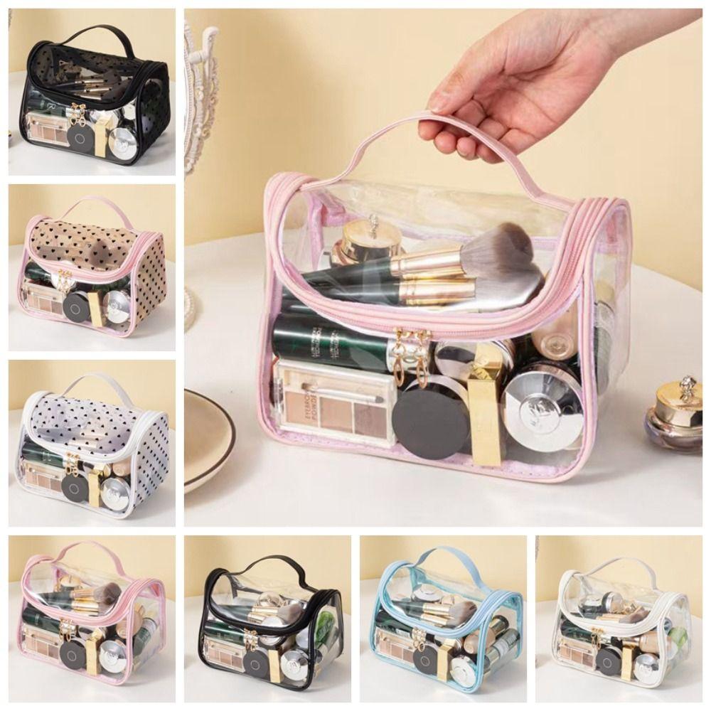 Solid Color Mesh Cosmetic Bag PVC Handheld Makeup Pouch Casual Transparent Makeup Bag Travel