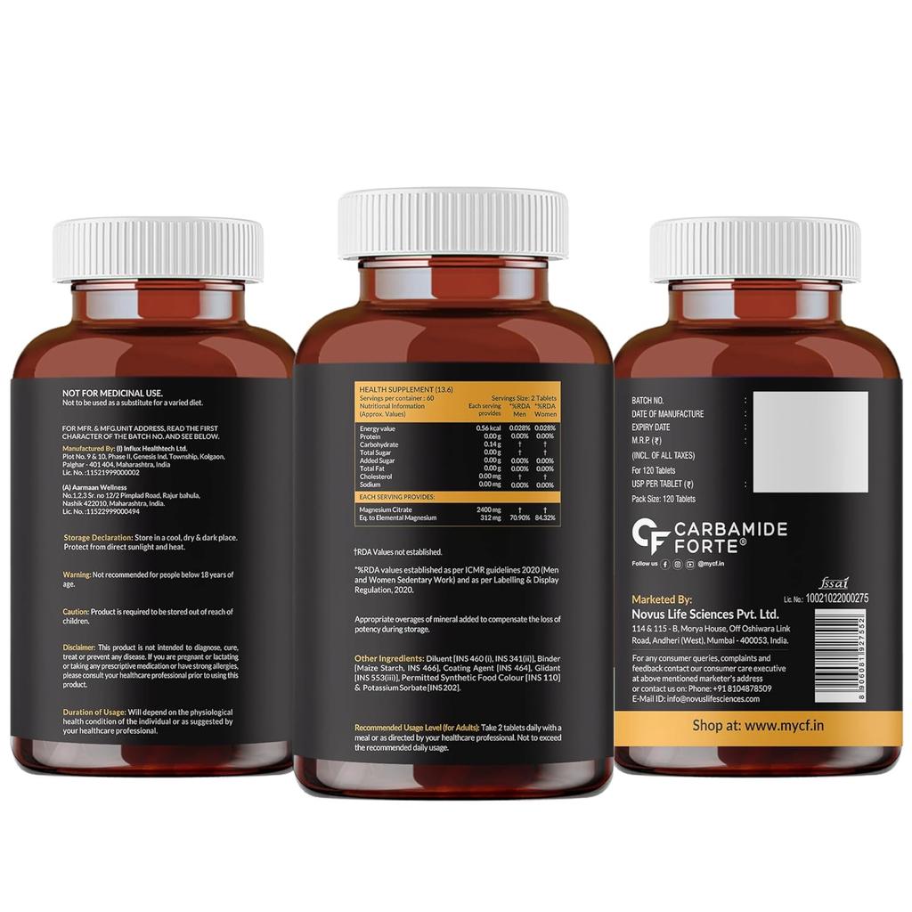 Carbamide Forte Magnesium Citrate Tablets 2400mg Per Serving 120 Count Muscle Recovery Energy Support