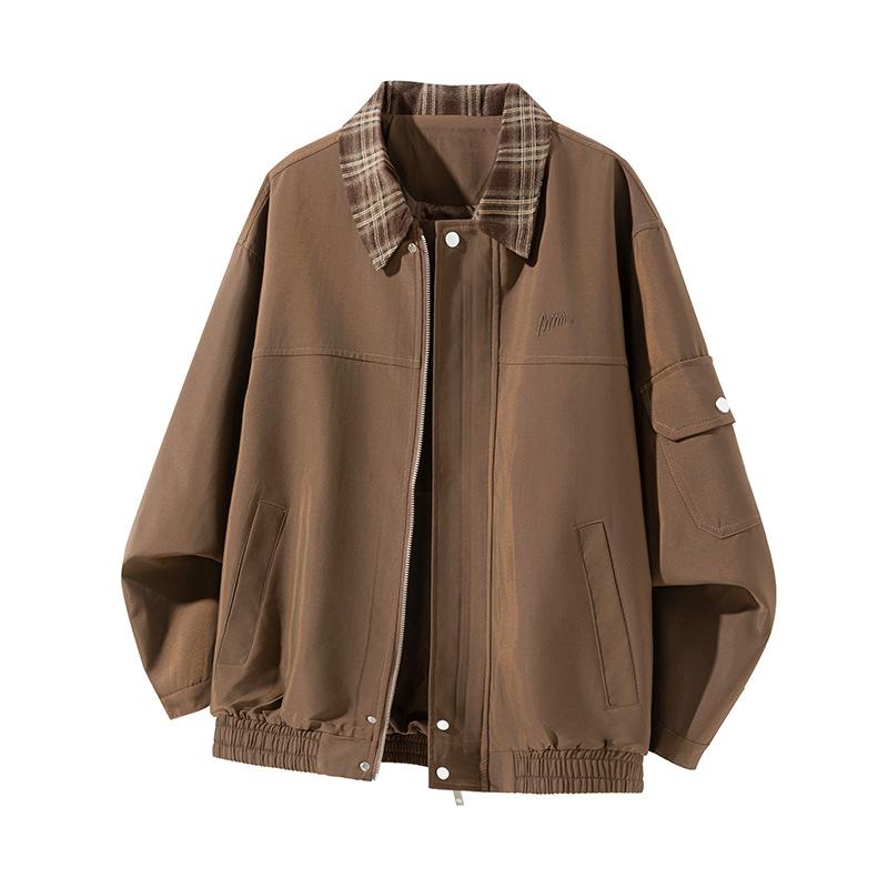 New Autumn Plaid Neck Jacket for Men Casual Embroidered Long-sleeved Jacket