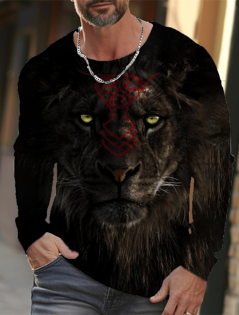 Men's T-shirt pattern lion pattern printing round neck brown 3D printing outdoor daily long sleeved printing clothing designer