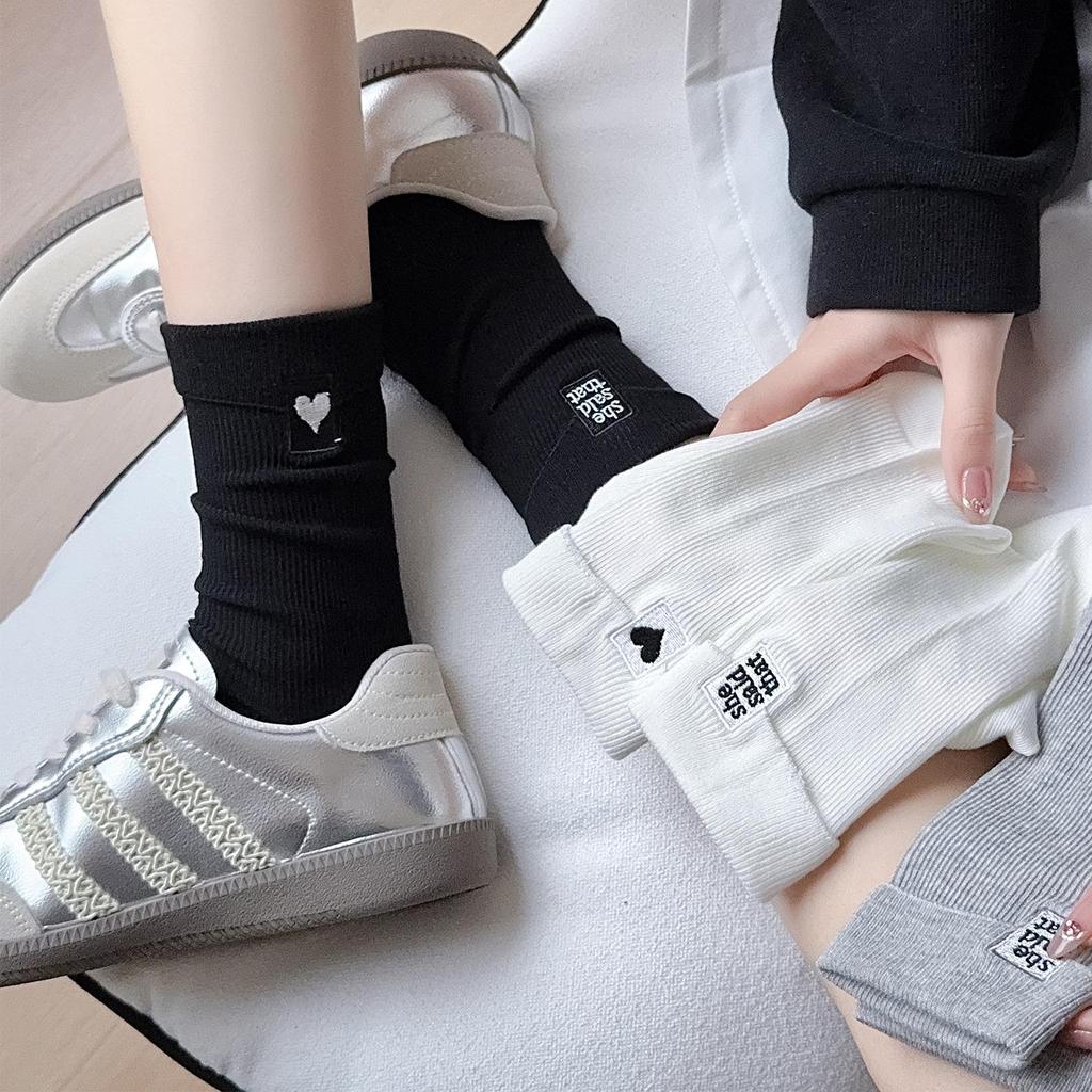 Women's Mid-Calf Socks - Autumn & Winter, European & Korean Style, Heart & Letter Embroidery, Trendy, Simple Cotton