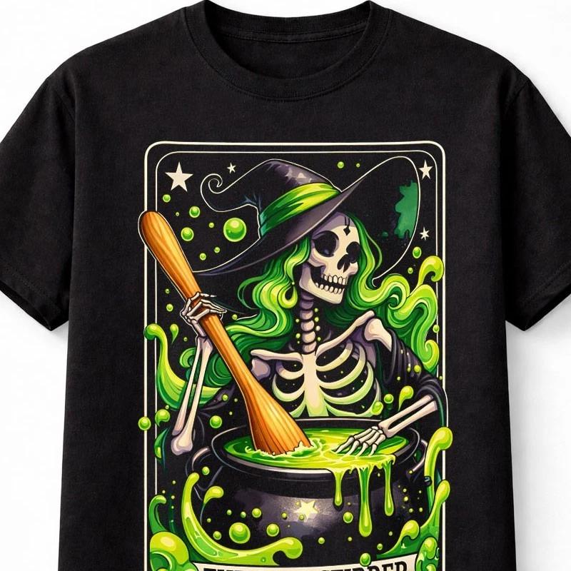Funny Witch Skeleton Halloween Cauldron Graphic Unisex TShirt S