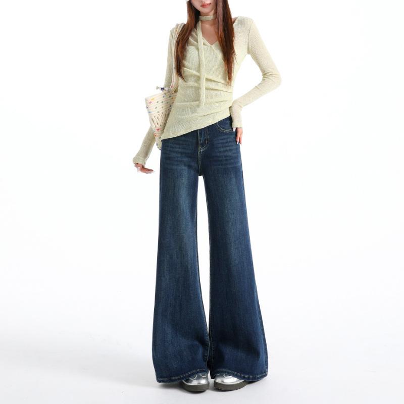 No legs slightly pulled jeans women's spring new high waist loose wide legs thin versatile horn pants