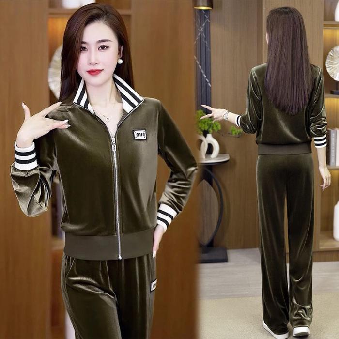 2024 Winter Gold Velvet Slim Fit Casual Two-Piece Suit with Zipper