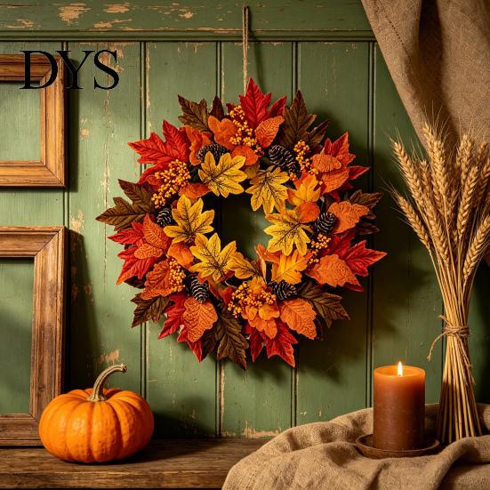 Rustic Farmhouse Porch Decor Fall Maple Leaf Wreath for Front Door, Artificial Autumn Foliage Door Hanger with Pinecone Berries, Thanksgiving Harvest