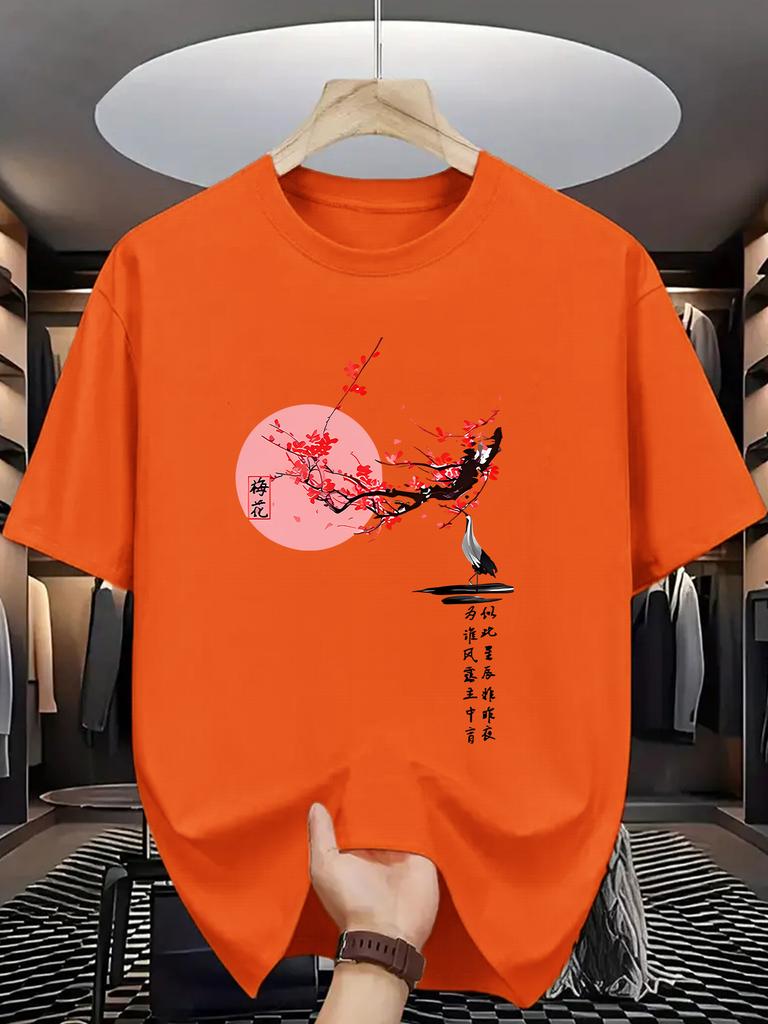 Unisex Black Tee Chinese Plum Blossom Crane Ink Art Graphic Print Crew Neck Short Sleeve Summer Casual Male Cotton Street Top