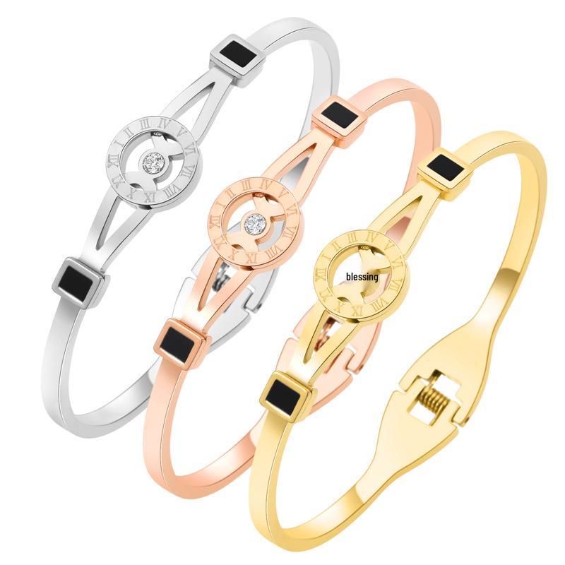 Roman Numeral Diamond-Inlaid Stainless Steel Women's Bangle - Simple, Versatile Luxury Design