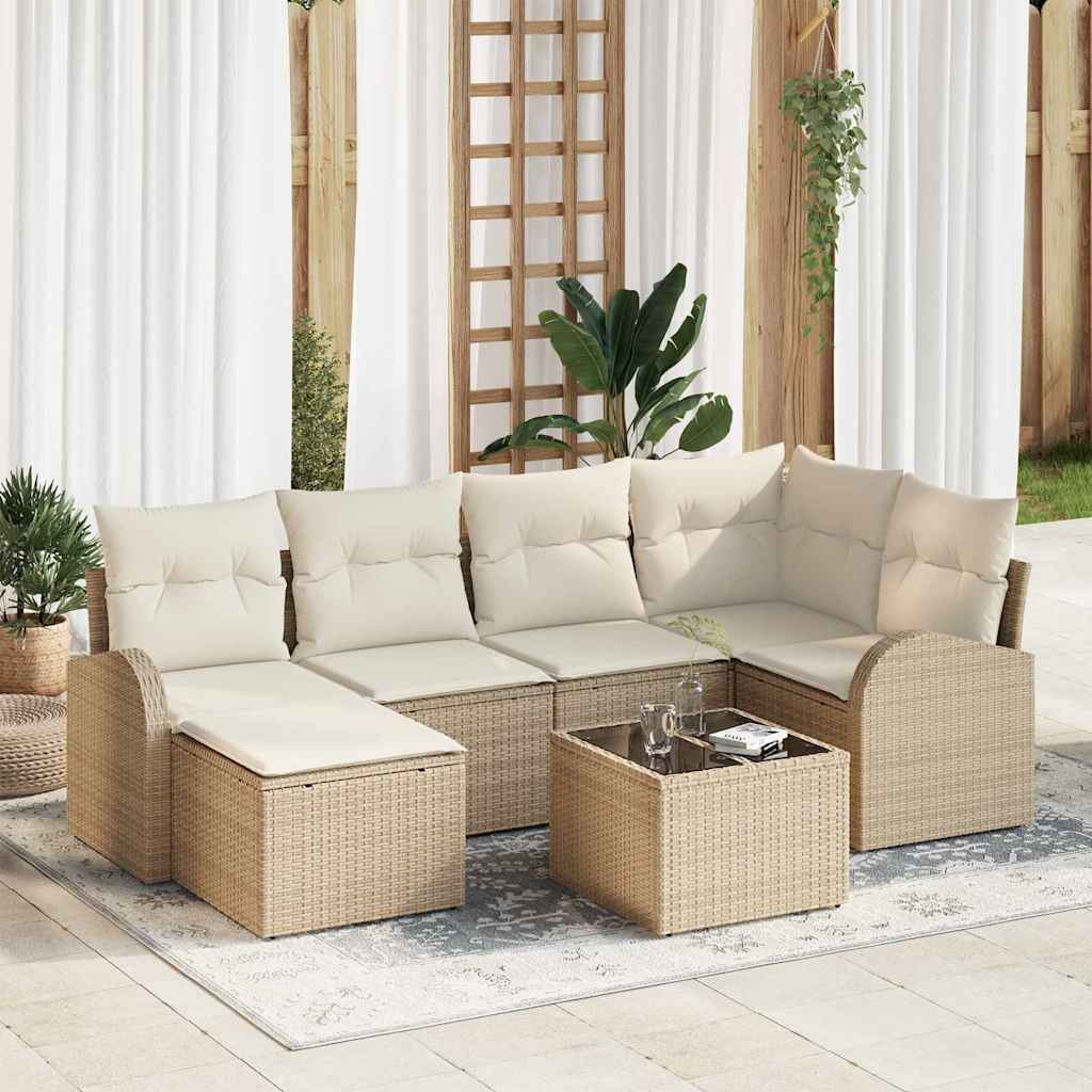 Garden Sofa Set 7 Pieces Beige Poly Rattan