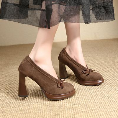Bow Thick Heel High Heels Women's 2025 New Autumn and Winter Fashion Retro with Skirt French Mary Jane Single Shoes