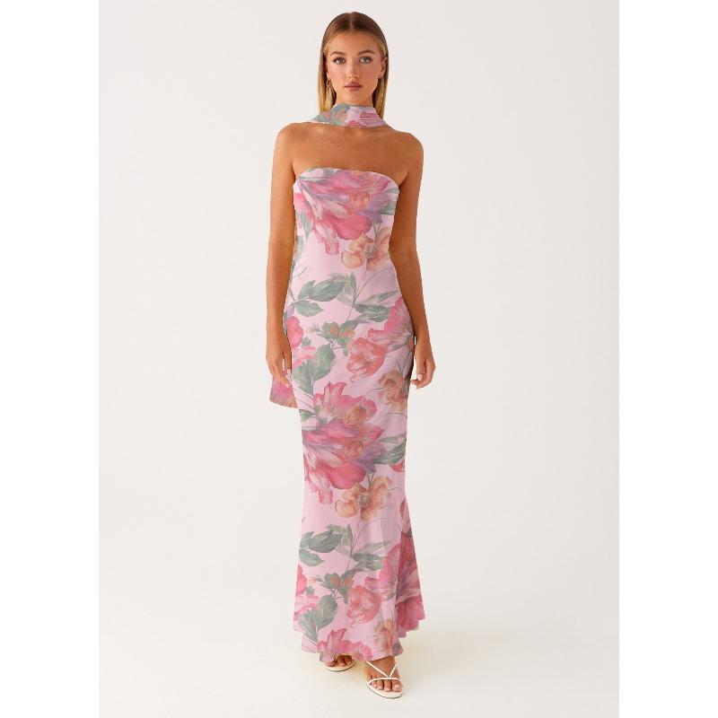 Europe, America, Amazon Spring and Summer New Temperament Socialite Satin Backless Tube Top Digital Printing Dress