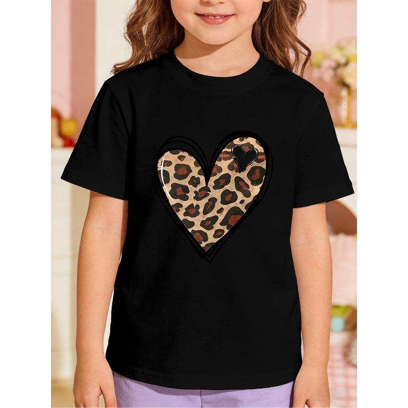European Sizes Girls' Short Sleeve Leopard Print Heart Graphic T-Shirt, Summer Kids' Round Neck Top