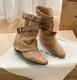 Short Boots Women's Boots Pants Tube Short Cowboy Boots Thick Heel Inner Height Increasing Knight Boots Vintage Ladme Pointed Belt Buckle