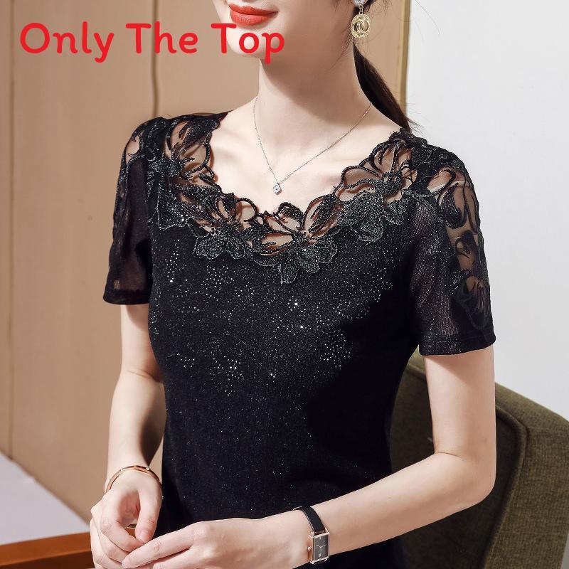 Summer Lace Trim Short Sleeve T Shirt With Embroidered Details For Elegant Women