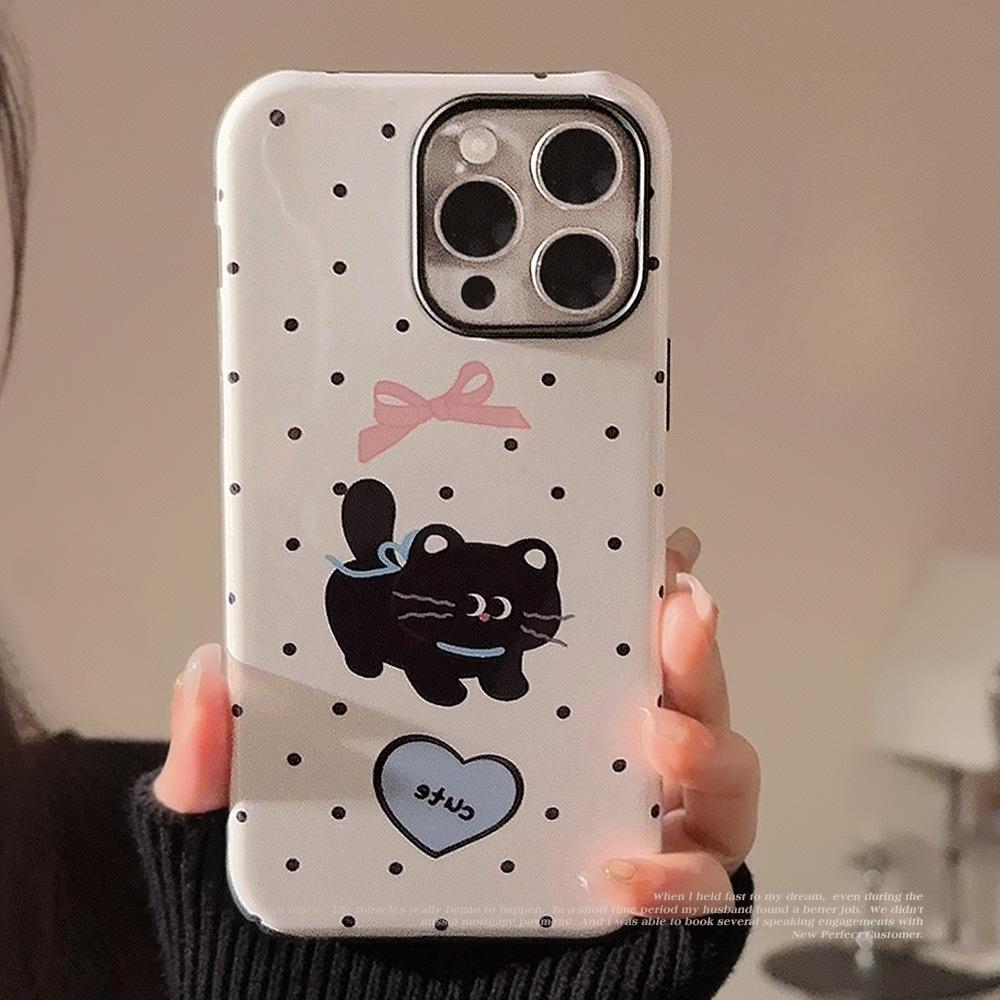 Film Ins Polka Dot Bow Black Cat IPhone 15 IPhone 14pro Max Suitable for 13 Hard Shell 16