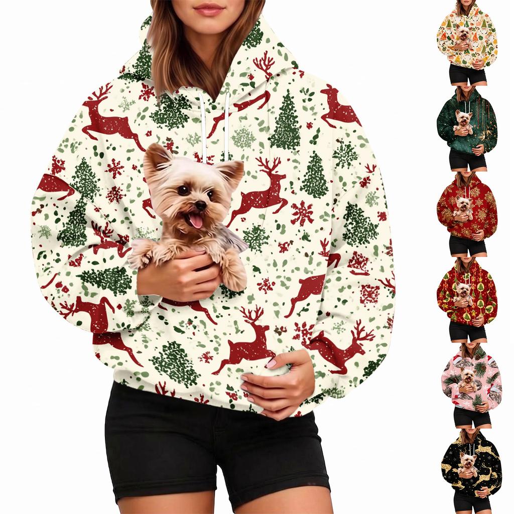 Damen Mode Weihnachtsdruck Hoodie mit Haustier-Tasche, Lässiger Pullover für Feiertagskleidung