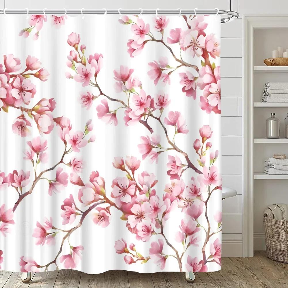Pink Sakura Flowers Shower Curtains Japanese Cherry Blossoms Trees Floral Rustic Garden Landscape Fabric Print Bathroom Decor