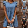 Mini Dress Ruffle Sleeve Solid Color Women Loose Round Neck Denim Dress