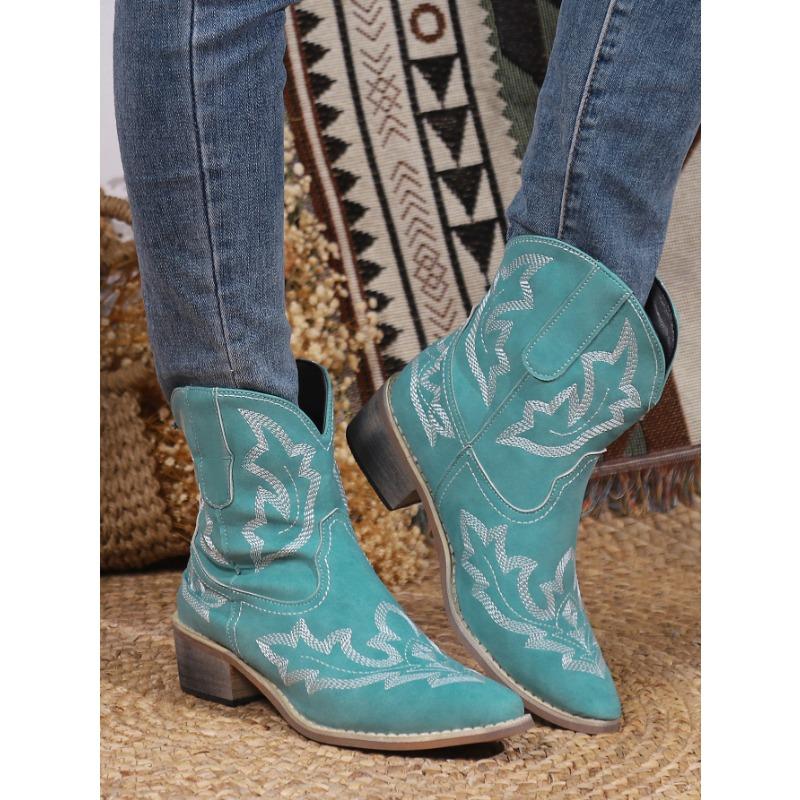 Autumn and winter new pointed-toed embroidered short boots mid-heel knight boots omn's oots women's leather boots