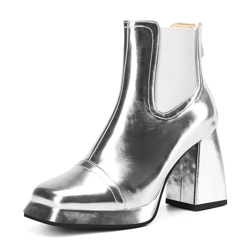 Silver Gold Women Platform Chelsea Boots High Chunky Heels British Winter Dress Office Ladies Shiny Retro Square Toe Ankle Boots