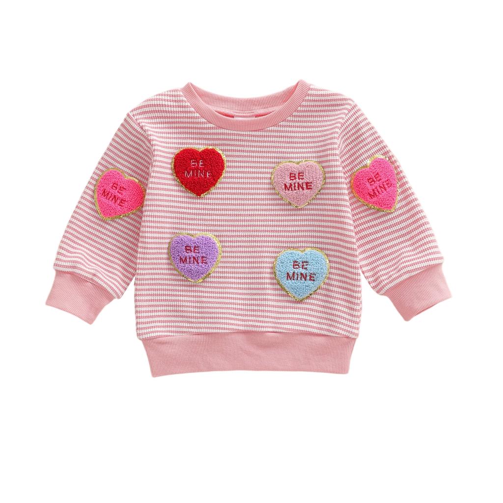 Kids Baby Girls Valentine's Day Sweatshirt Stripe Heart Embroidery Loose Fit Casual Crew Neck Long Sleeve Pullover