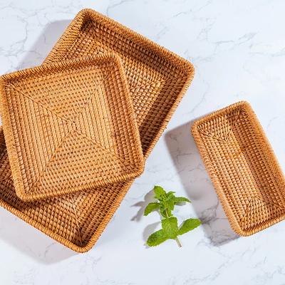 Handgeflochtener Rattan-Aufbewahrungskorb Quadratisches Weiden-Tablett Picknickkorb Brotkorb Lebensmittelteller Obstkuchen Allerlei-Box Küchendekoration