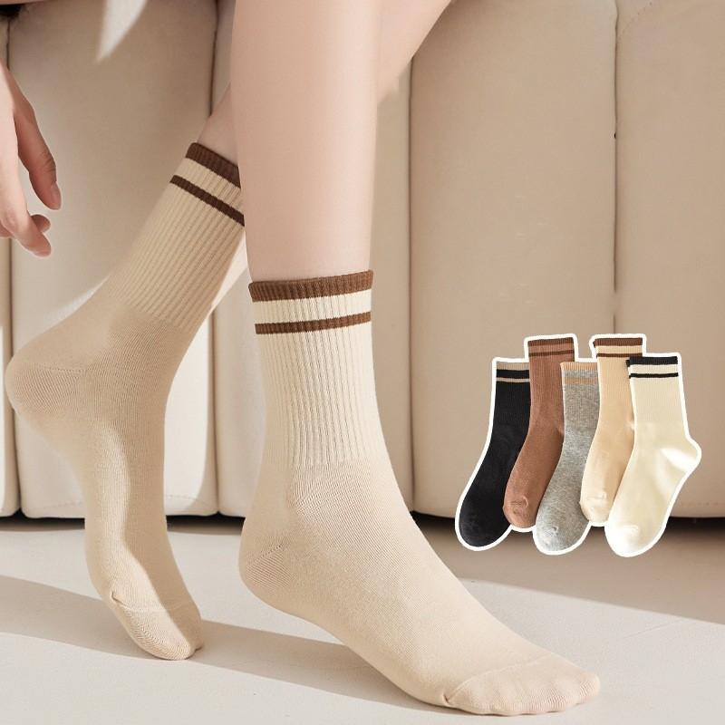 5 Pairs Trendy Striped Socks for Women Middle Tube Socks Japanese Style Fashion All-match Socks Solid Color Girls Socks