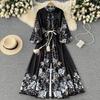 European and American Autumn Fashion Flower Splicing Waist Retro Long Dress Positioning Flower Craft Round Neck Long Sleeve Dress