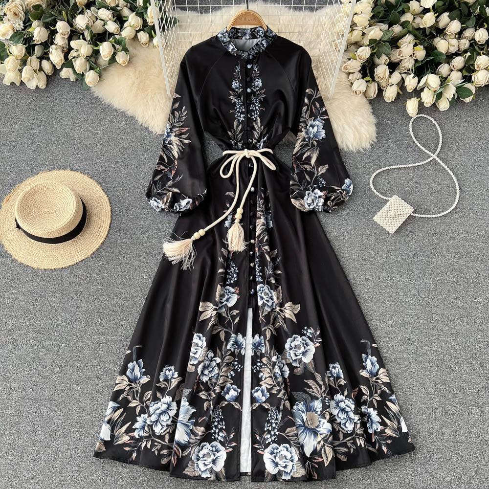 European and American Autumn Fashion Flower Splicing Waist Retro Long Dress Positioning Flower Craft Round Neck Long Sleeve Dress
