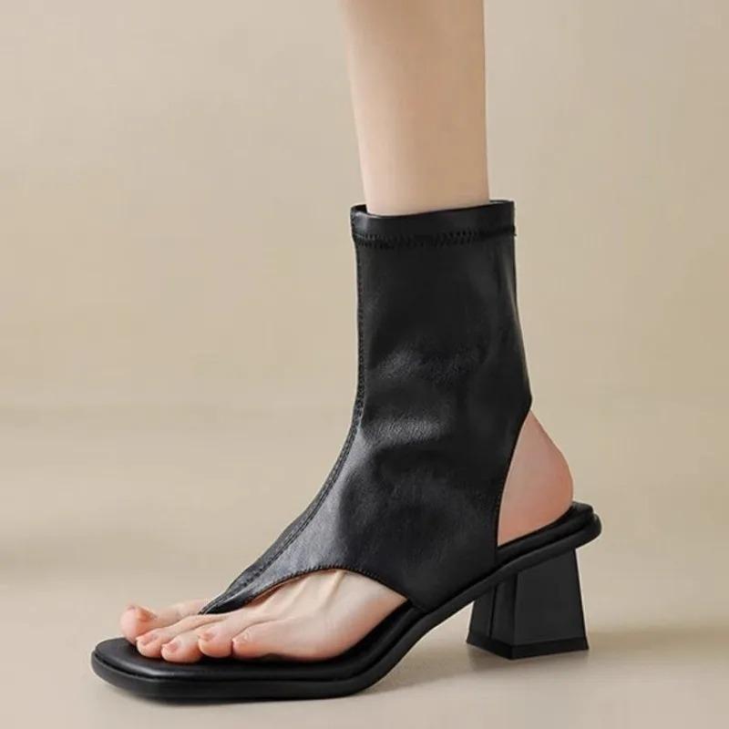 New Summer Women's Sandals Fashionable Square Toe One-leg Black Square Heel High Heel Sandals