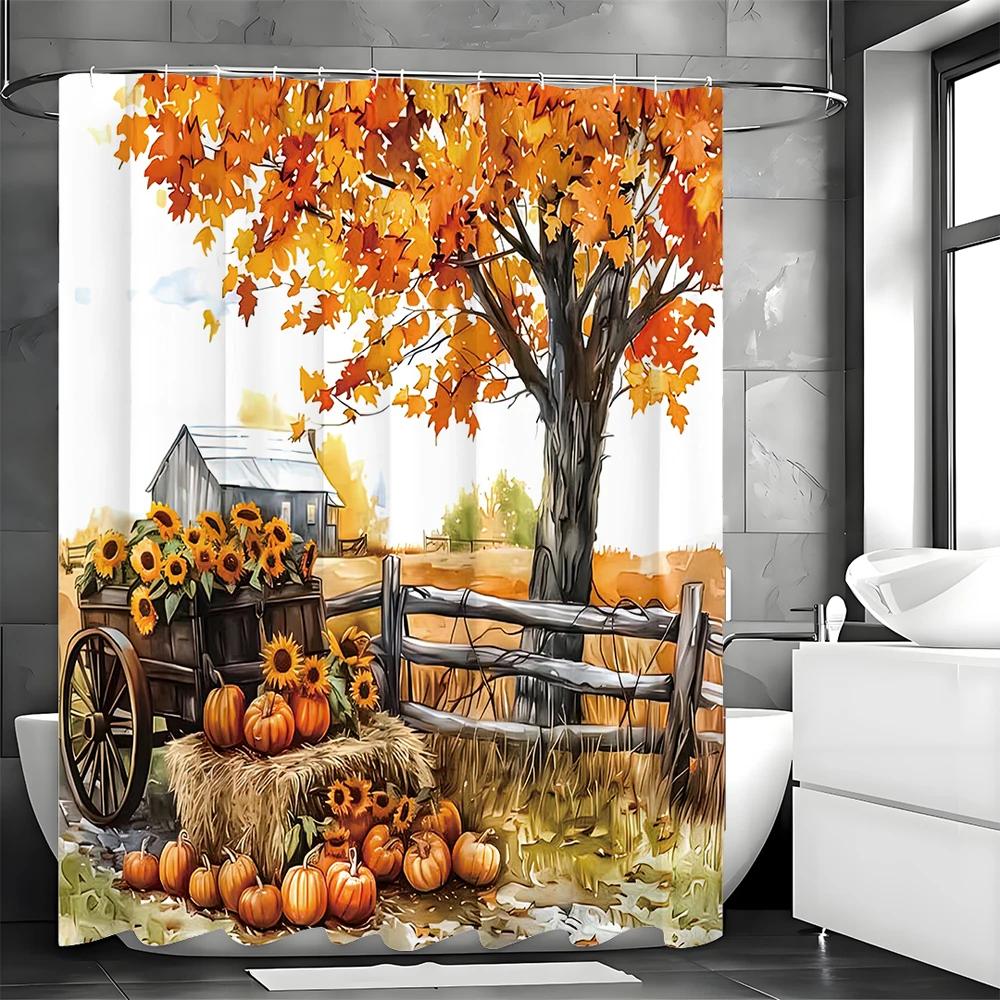 Fall Harvest Farm Pumpkin Sunflower Maple Shower Curtain, Bathroom Decorative Shower Curtain, Waterproof Shower Curtain with Hoo