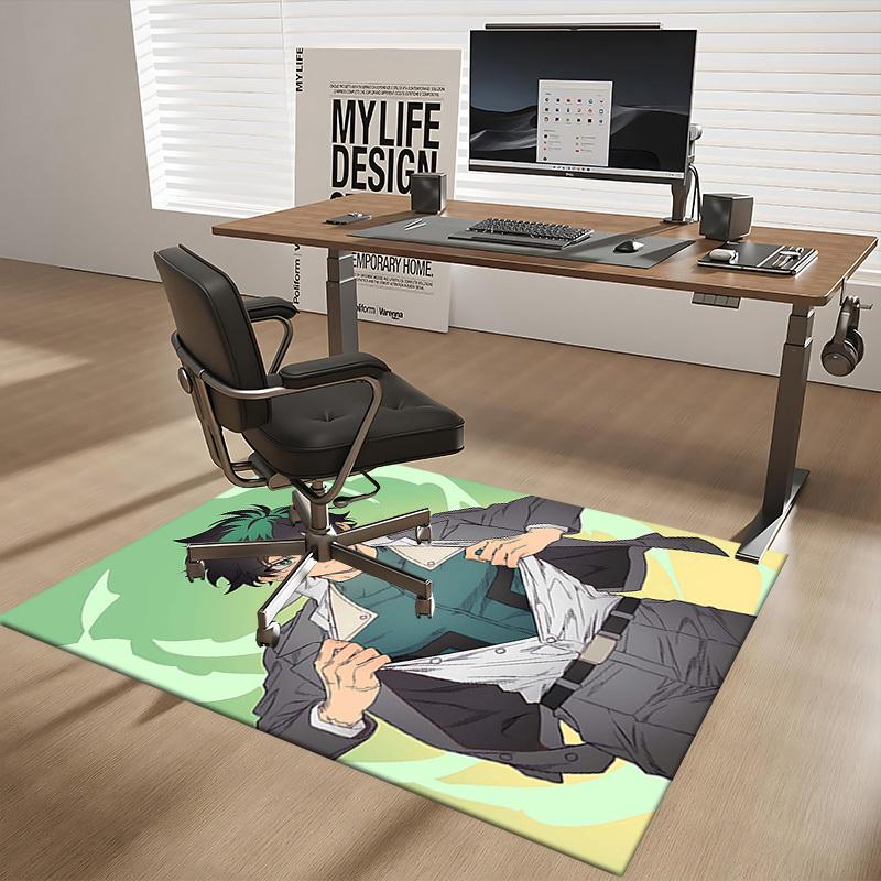 1pc Anime Cartoon Design Office Chair Mat - Green Hair Character with Belted Suit Jacket - Non-Slip Carpet for Home Decor, Gaming Room, Seasonal Gift.