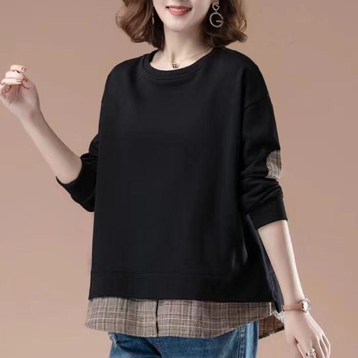 Autumn Style, Cotton-containing Fake Two-piece Sweatshirt for Women, Long-sleeved Autumn and Winter New Loose Top Jacket