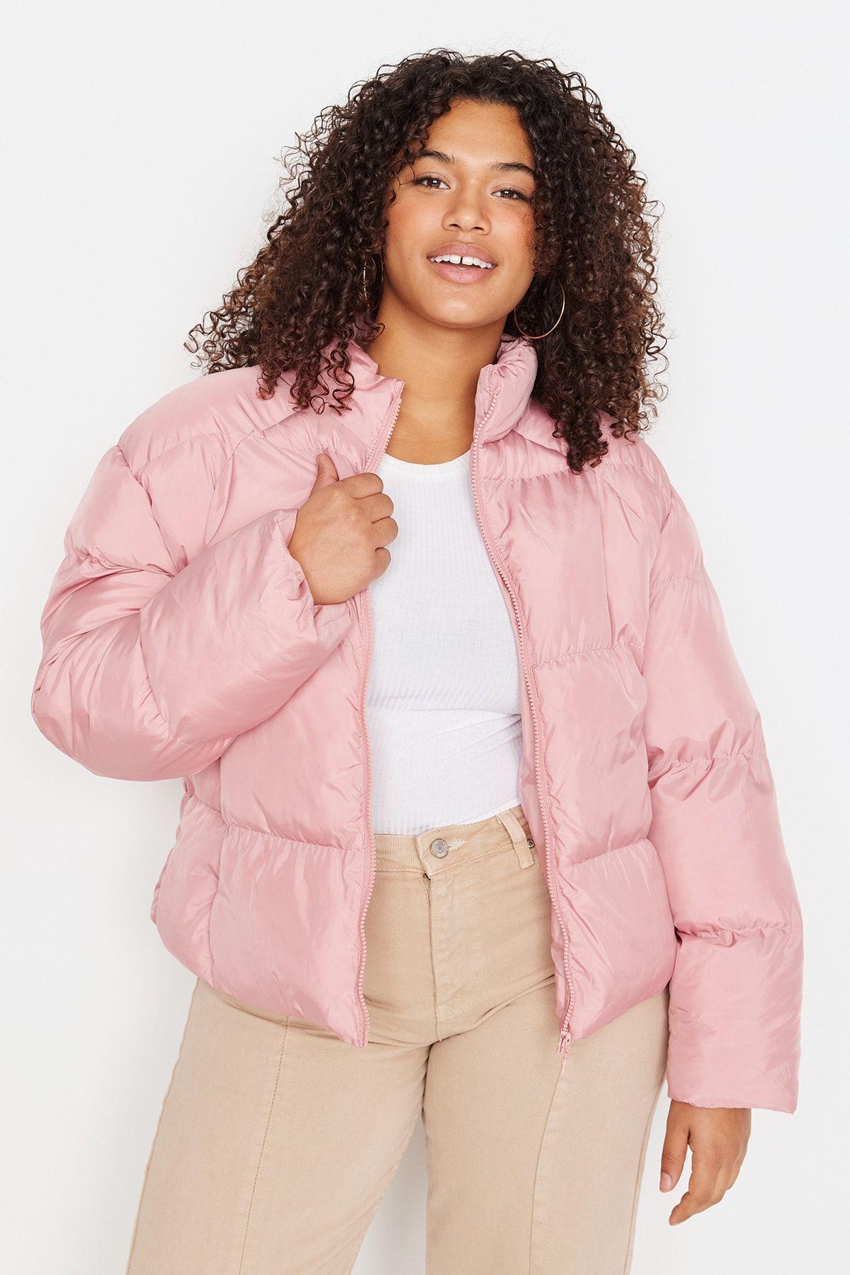 

Women s Style Plus Size Pink Stand Collar Crop Puffer Coat 2XL