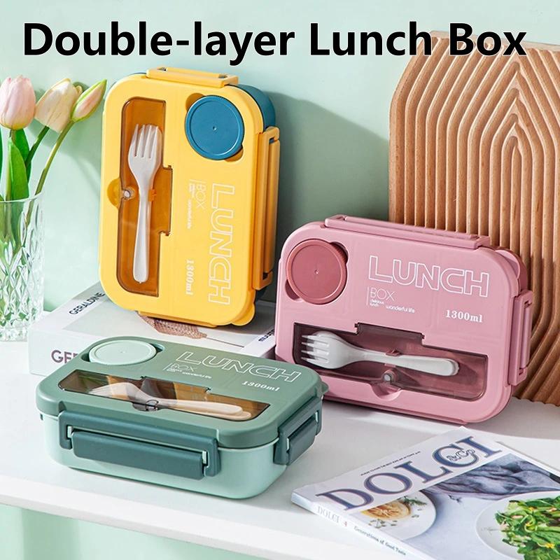 Student Lunch Box Double-layer Portable Compartment with Lids Leak-Proof Microwave Food Storage Carrying Handle Bento Boxes