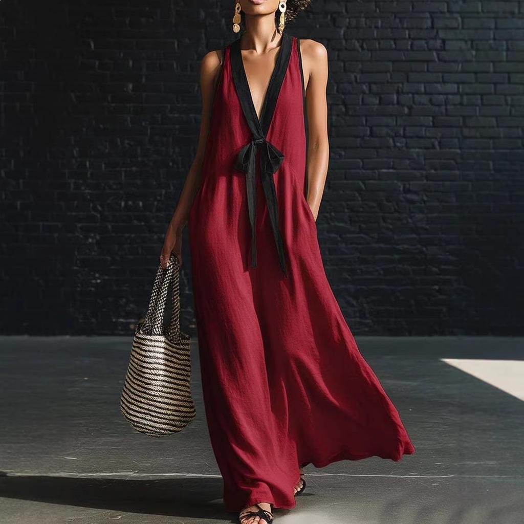 Women Deep V Neck Long Dress Sleeveless Patchwork Design Flowy Casual Elegant Maxi Dress for Daily Wear Beach Holiday