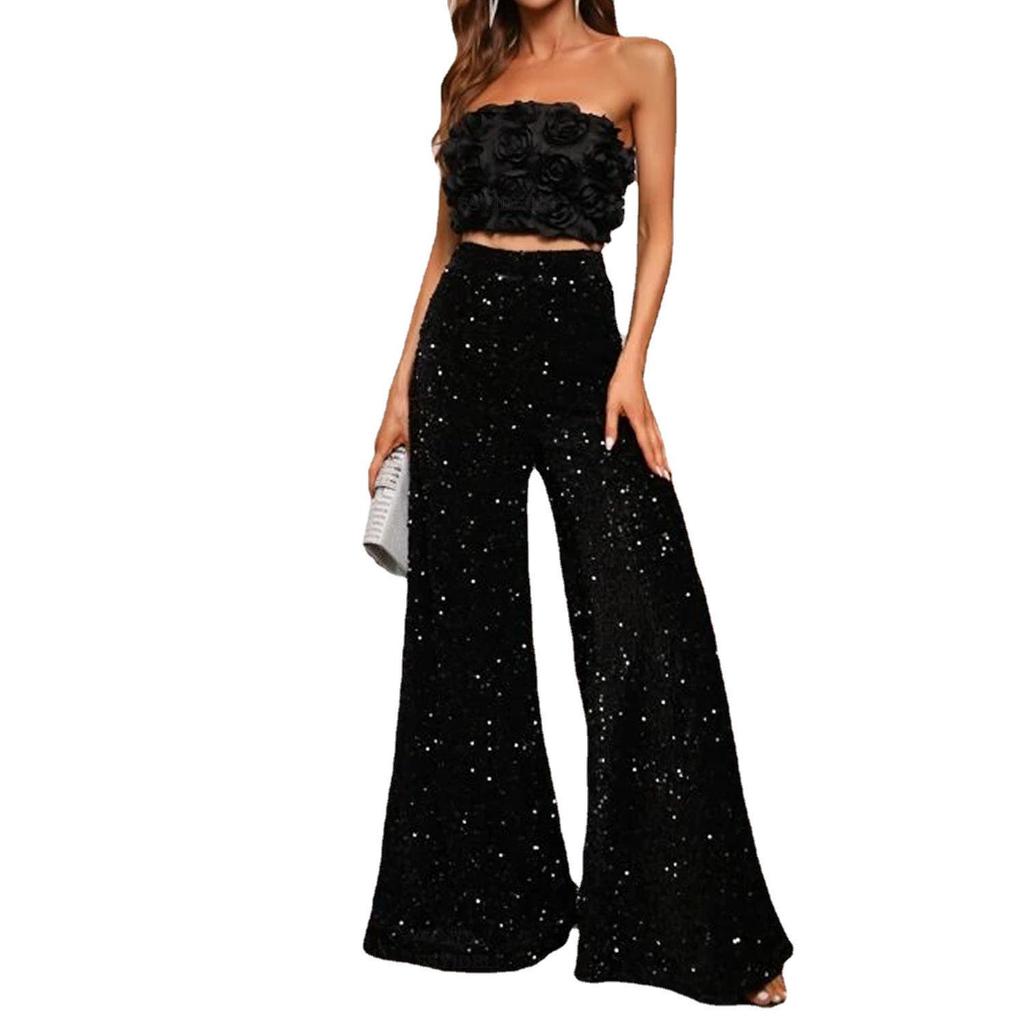 Women's Waist-Slimming Sequin Wide-Leg Pants - Summer Fashion, European & American Style