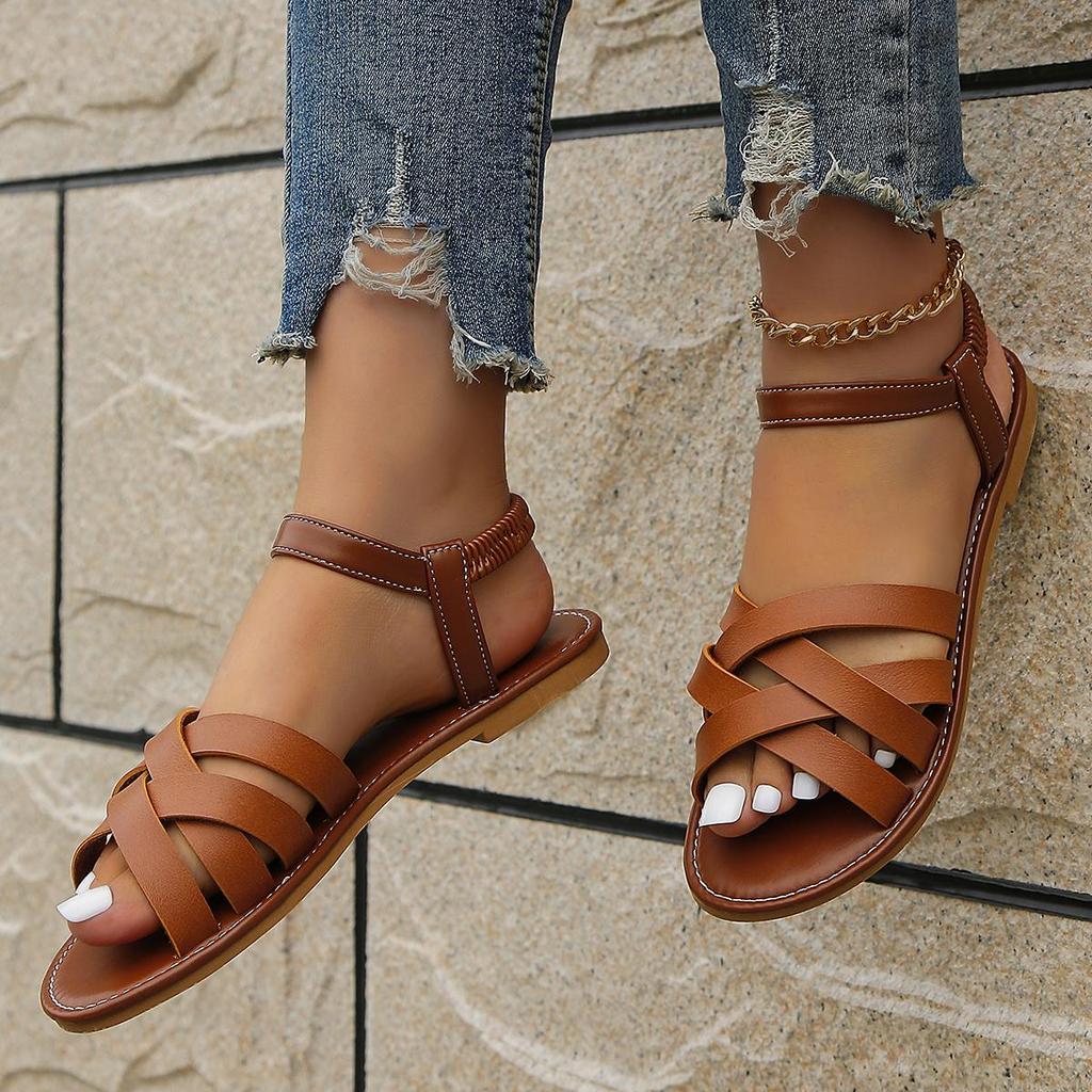 Été Bout Rond Nouvelles Chaussures Plates pour Femmes Sandales Romaines Décontractées en Caoutchouc Plage Chaussures pour Femmes