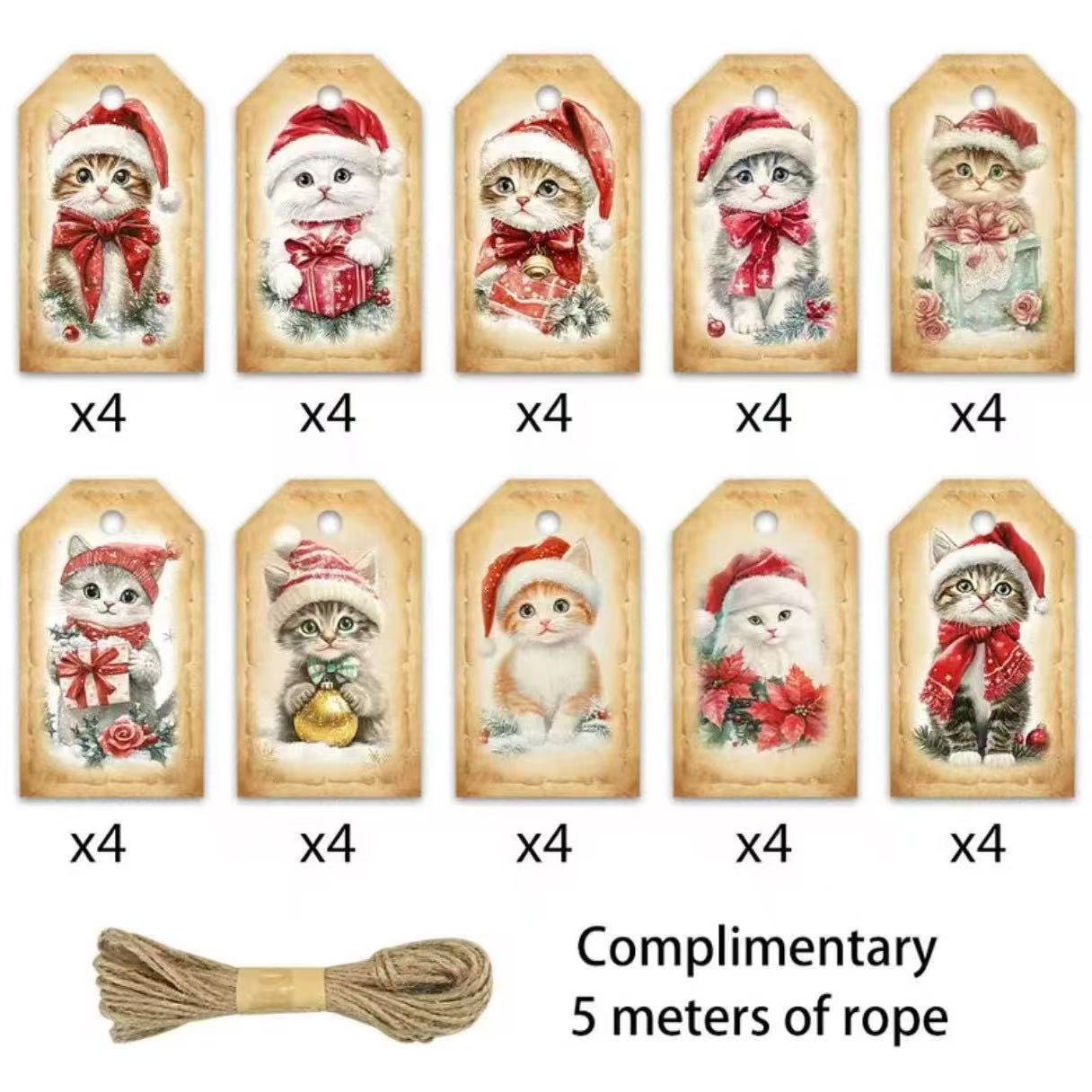 

40pcs Vintage Christmas Cat Tags - Retro Santa Hats, Floral patterns - Cut Gift Labels for Christmas, Birthday Party Decorations one size fits all