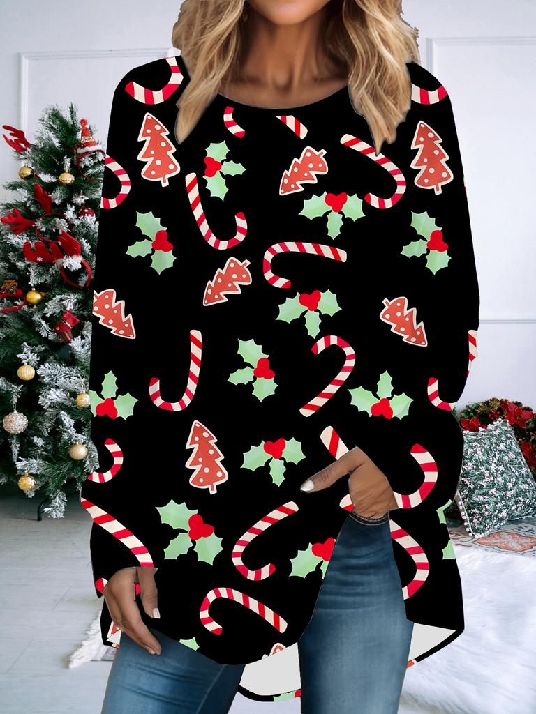 Übergröße Damen Frühling Weihnachten Bedruckt Bequem Langarm Rundhals T-Shirt Lässig Weit Mittelang Tops