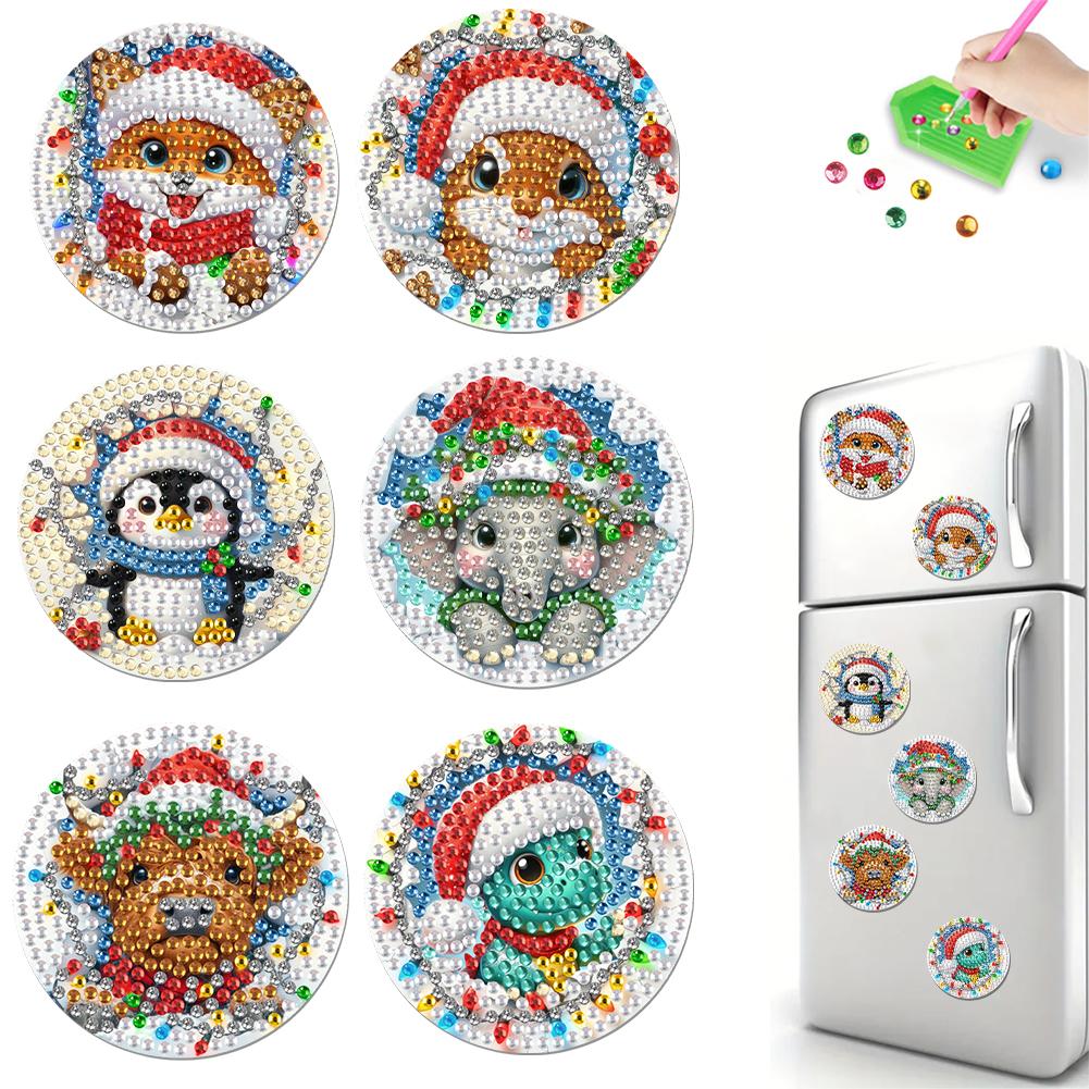 6Pcs Acrylic Christmas Animals Fridge Stickers Diamond Art Magnets Decals Diamond Painting Fridge Magnet for Adults Beginners