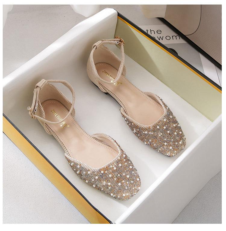 Mode Glitter Kristall Pärlstav Sandaler Kvinna Flats D'orsay Skor Damer Ankelrem Sandaletter Femme Cover Klackar Sandaler Bröllop