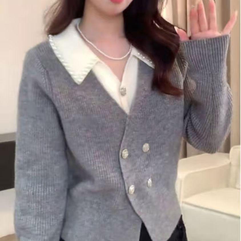 

Gray Color Block Knitted Cardigan with Turn-Down Collar - Two-Piece Look, Perfect for Autumn and Spring M (91-102 jin) серый