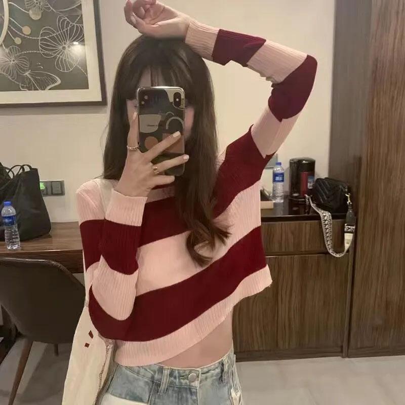 Pruhovaný zkrácený tenký pletený svetr s dlouhým rukávem Dámský ležérní top s kulatým výstřihem Jednoduché spodní tričko Y2k Pulovry Korejská móda