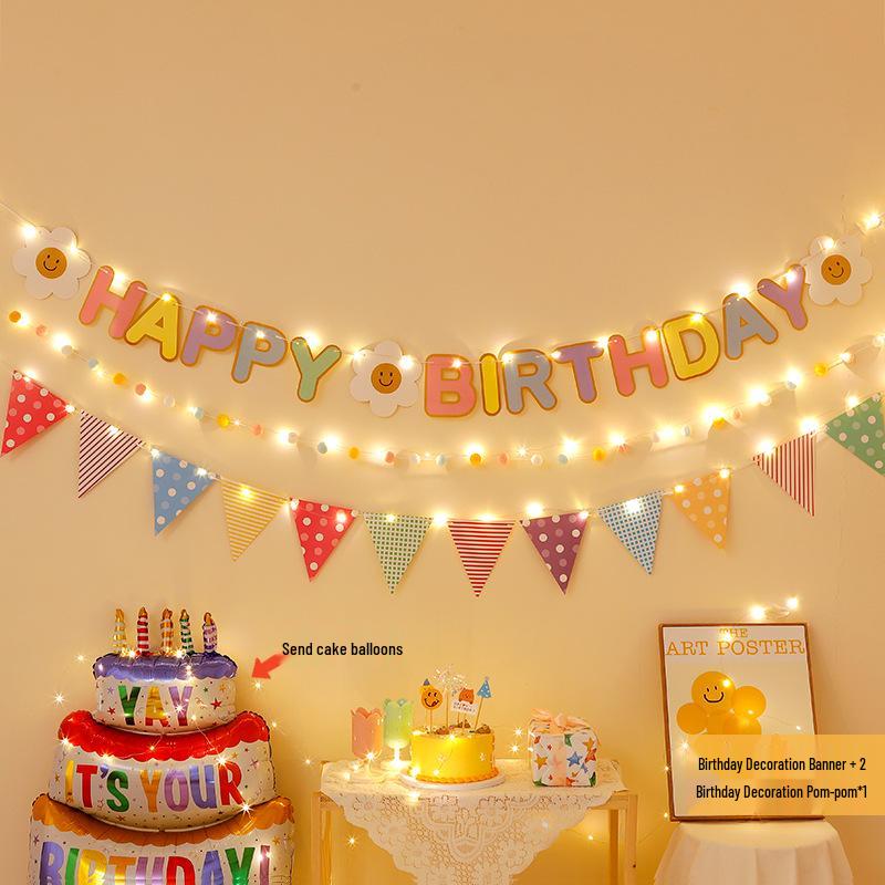 First Birthday Party Hanging Decoration: Happy Birthday Banner with Pom Poms and Bunting for Kids.