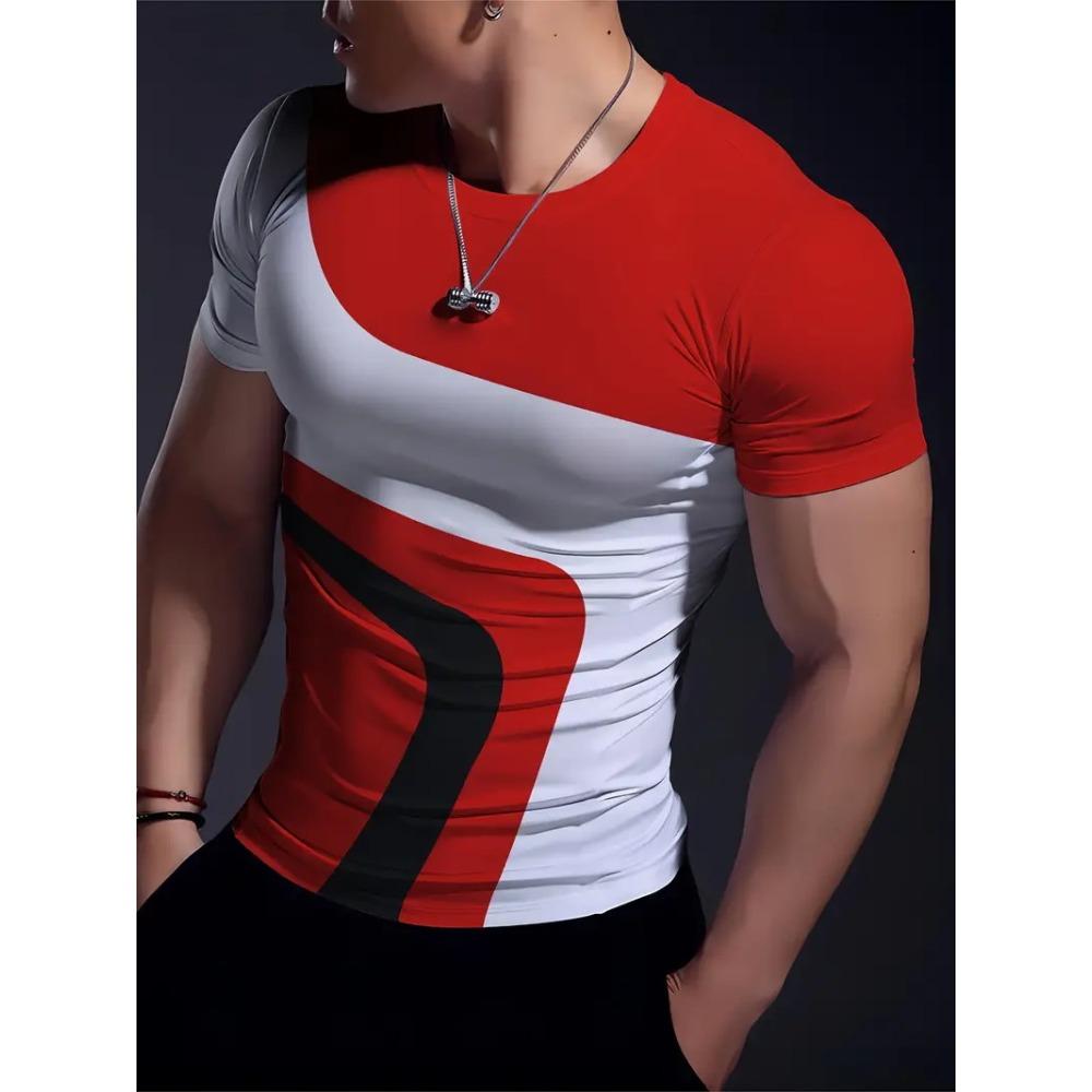 Simple Color Combination 3D Printed Men s Short-sleeved T-shirt Round Neck Daily Sports Absorbent Breathable Men s Top Fashion S